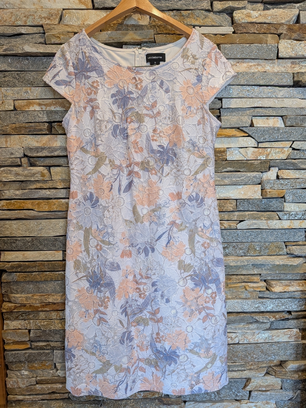 Liz Claiborne Peach & Lavender Floral Lace Midi Dress, Size 10